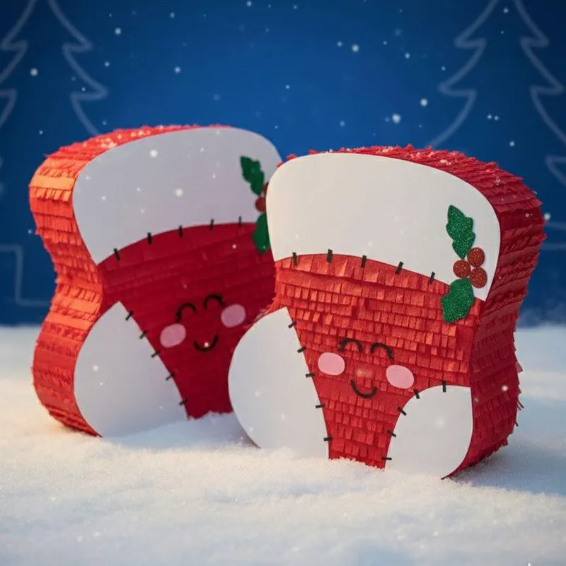 Dos piñatas de bota navideña roja y blanca