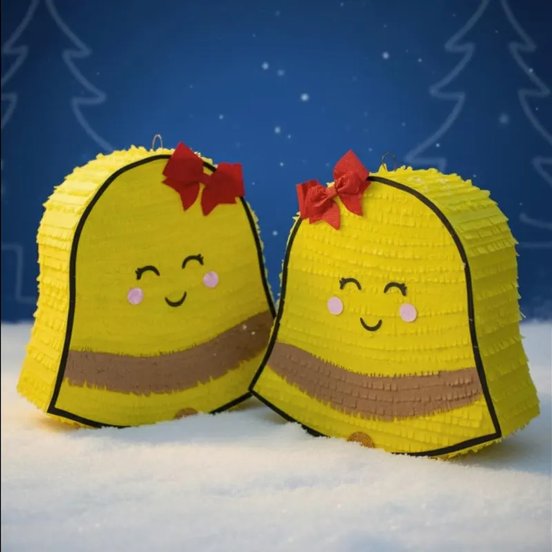 Dos piñatas de campana amarilla con moño rojo