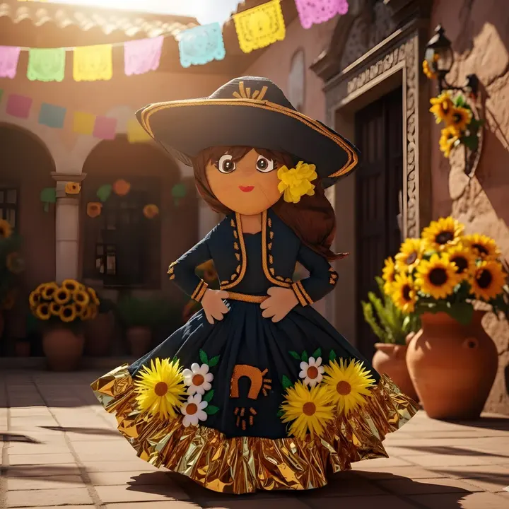Piñata de charra con sombrero y vestido negro