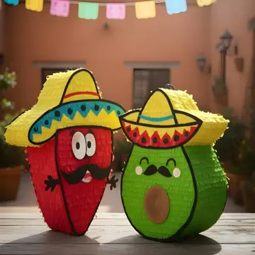 Piñatas de chile y aguacate con sombrero mexicano