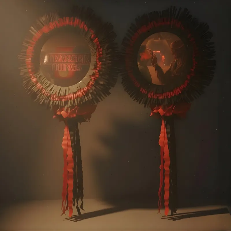 Dos piñatas circulares negras y rojas con listones
