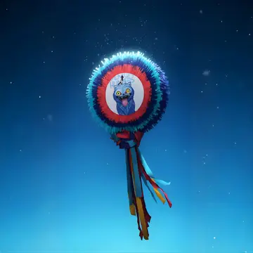 Piñata circular azul y roja con personaje al centro