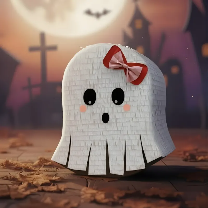 Piñata de fantasma blanco con moño rojo