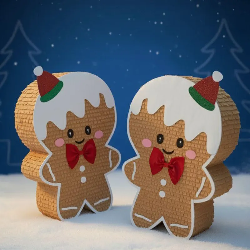 Dos piñatas de galleta de jengibre con gorro navideño