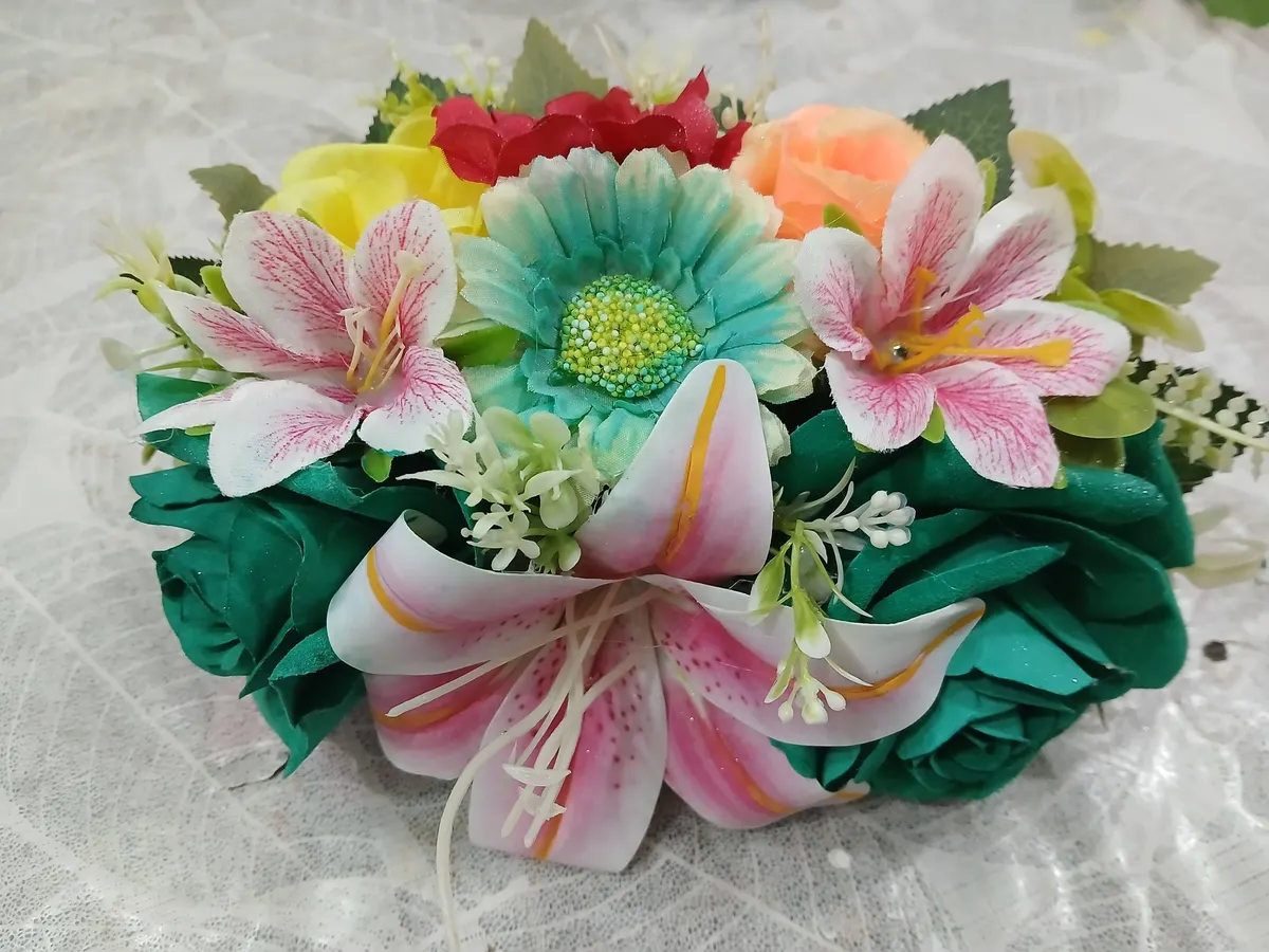 Pink and green lily headpiece